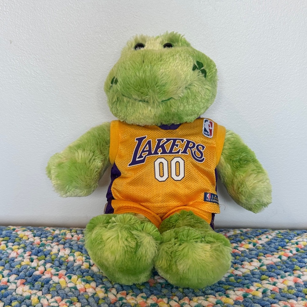 Build a Bear green frog in LA Lakers Outfit